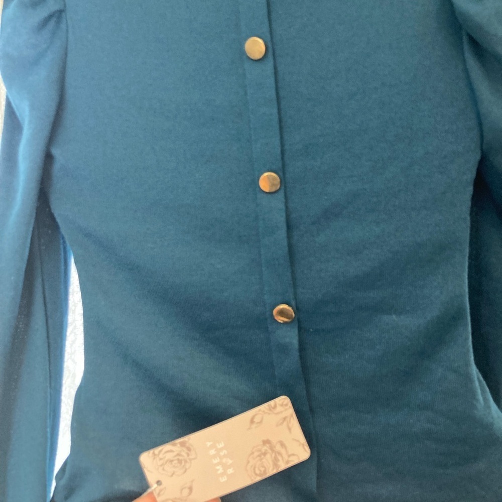 Emery Rose blue long sleeve turtleneck puffy shoulders button down back XS NWTs - Picture 4 of 5